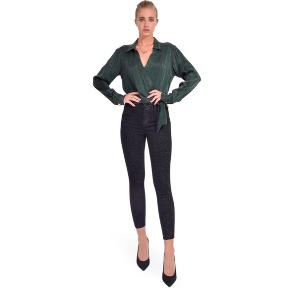 L’Agence Denim - L’Agence Margot High Rise Skinny Black Silver Check Shimmer Jeans 28